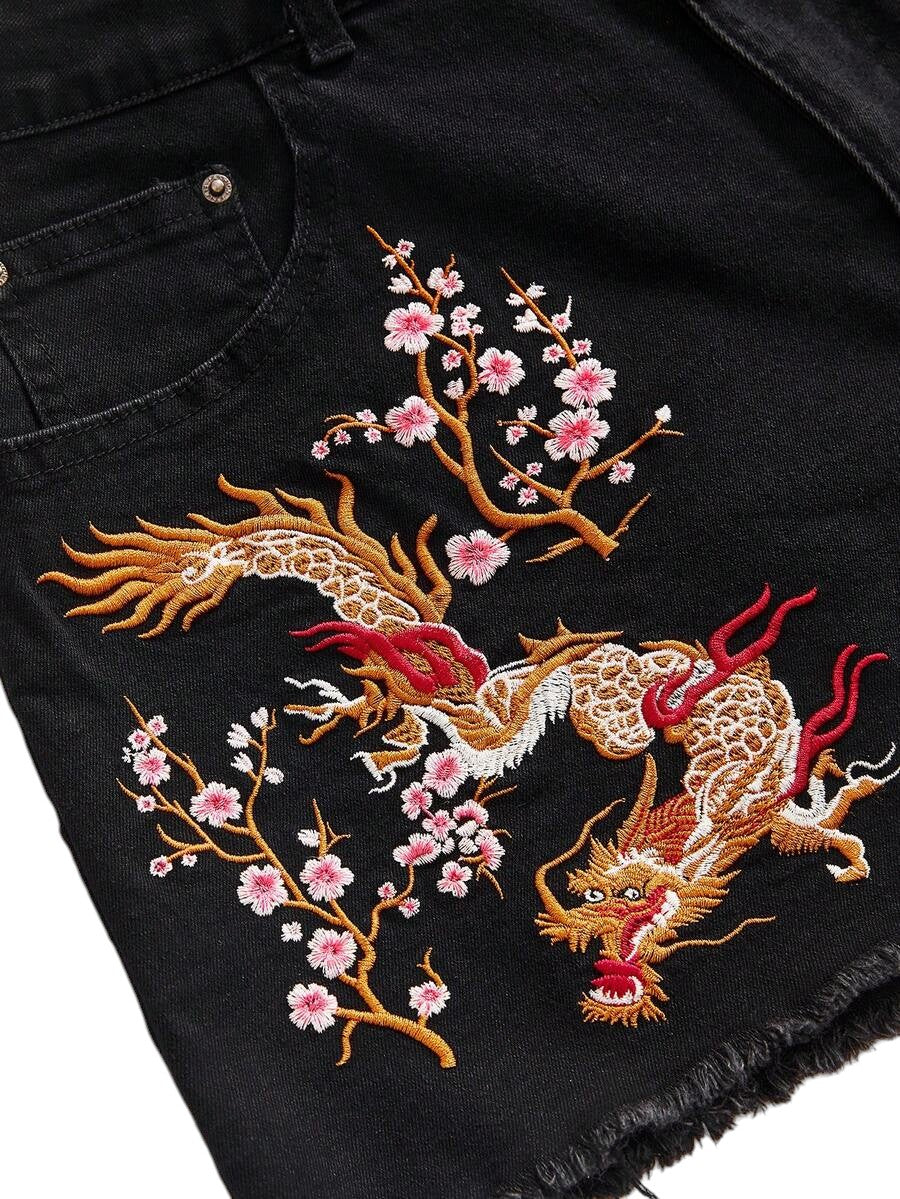 Plus Size Chinese-Inspired Embroidered Fringe Denim Shorts