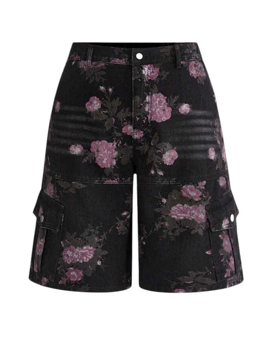 Plus Size Vintage Floral Print Multi-Pocket Denim Shorts