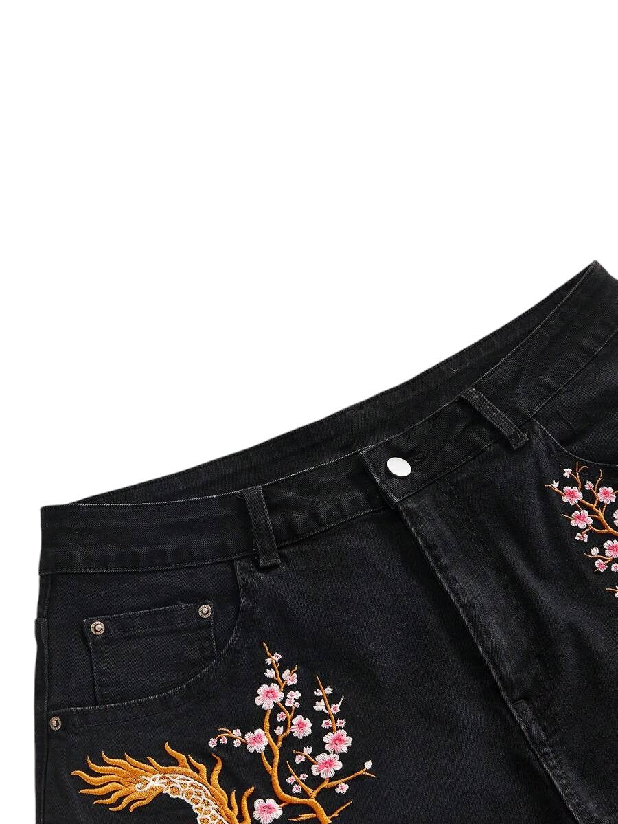Plus Size Chinese-Inspired Embroidered Fringe Denim Shorts