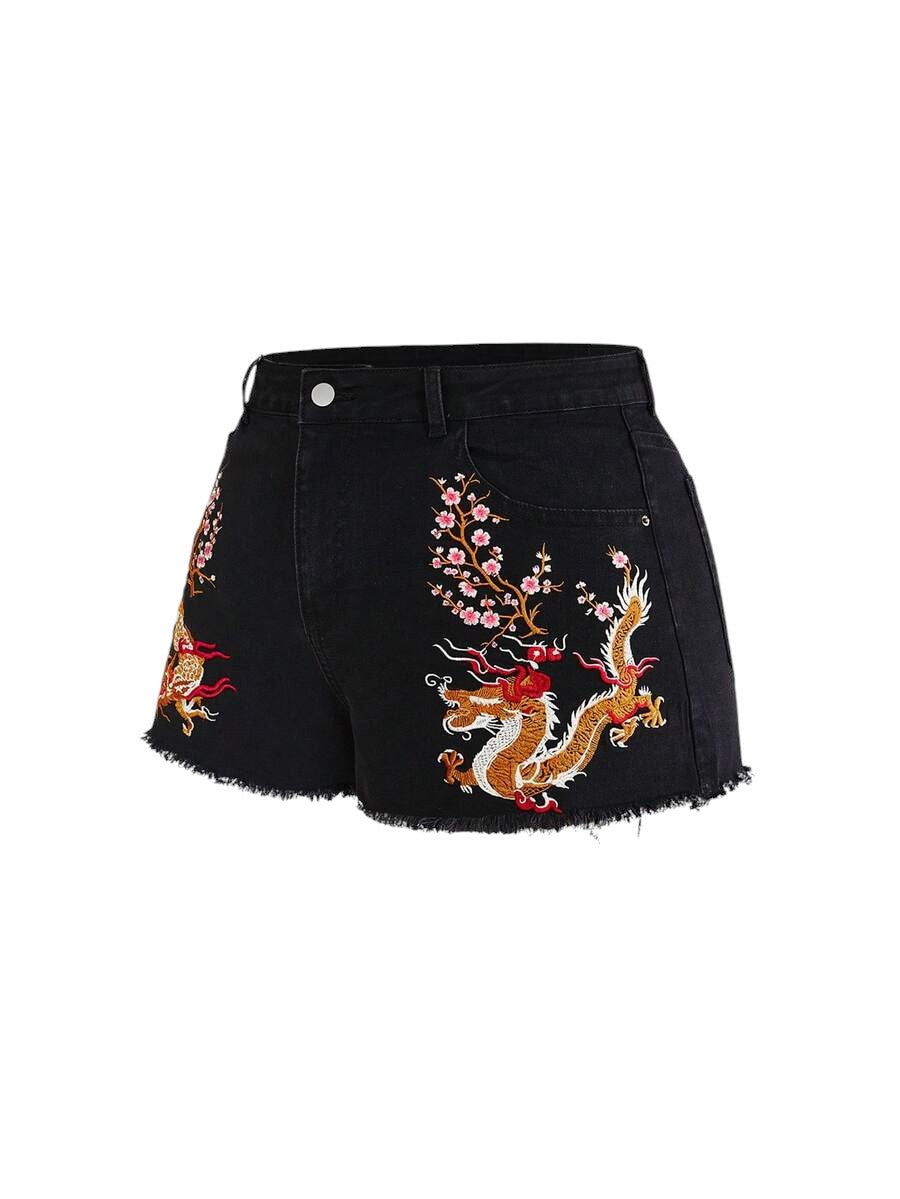 Plus Size Chinese-Inspired Embroidered Fringe Denim Shorts