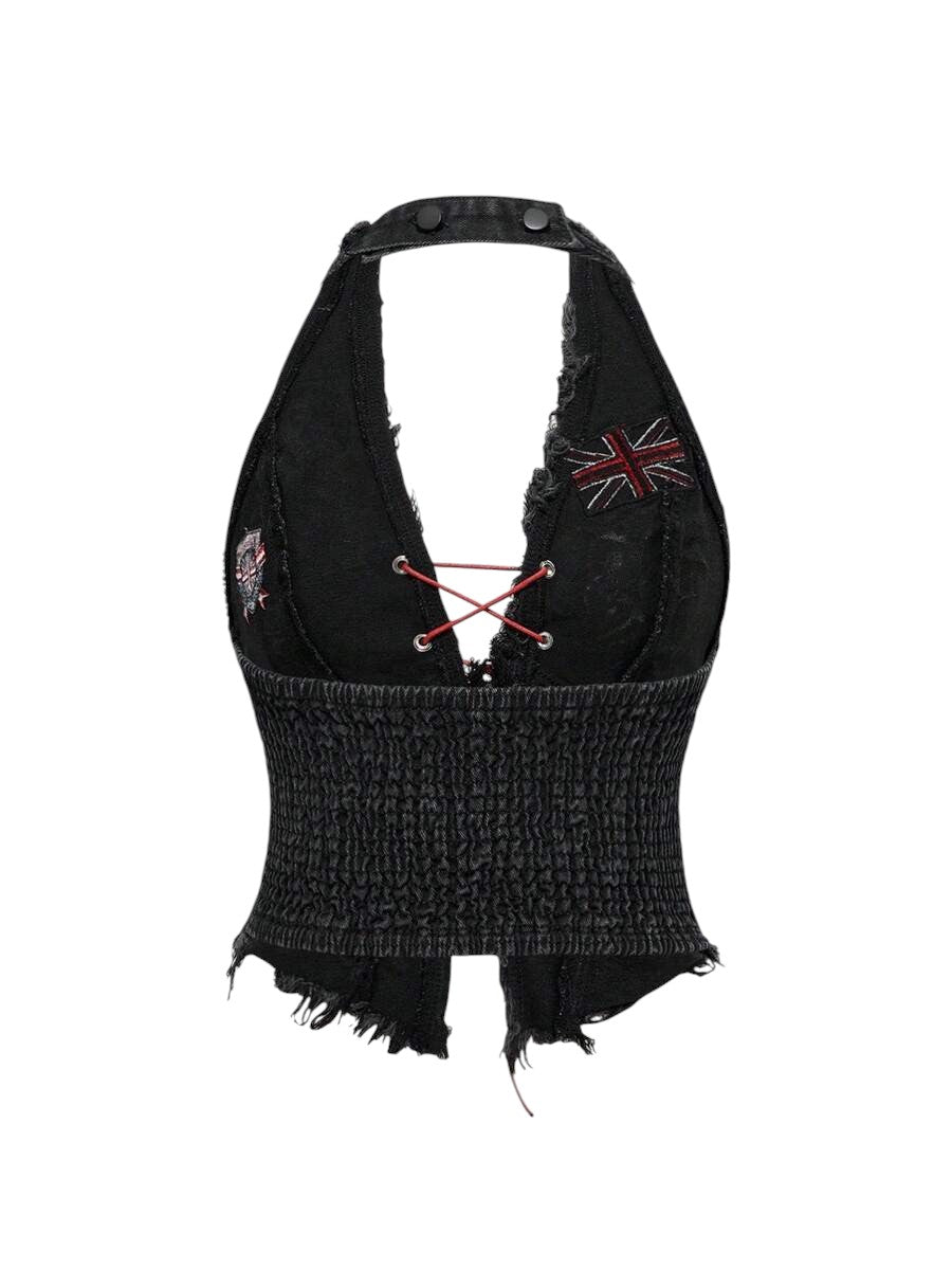 Plus Size Washed Graphic Black Halter Denim Top