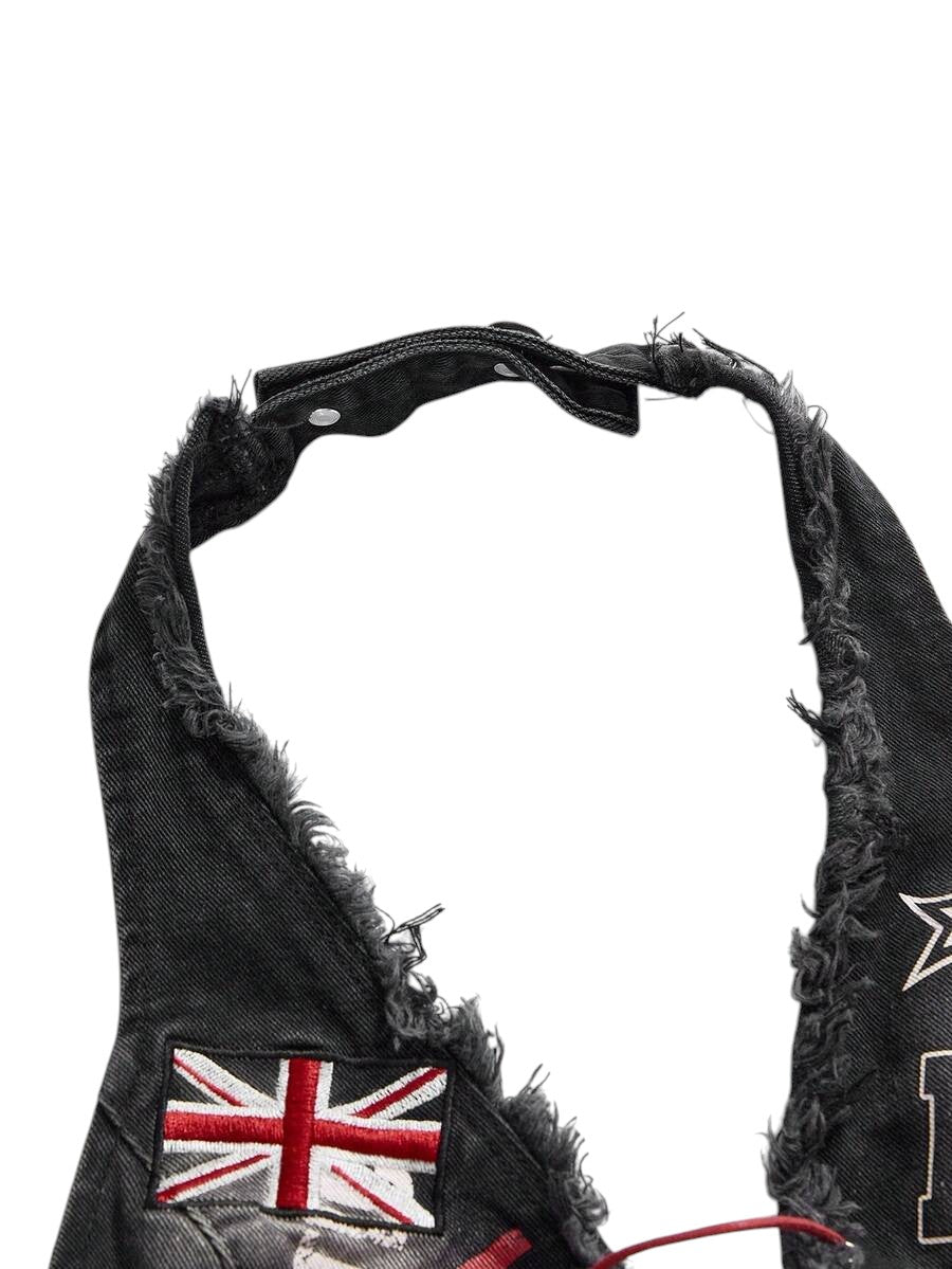 Plus Size Washed Graphic Black Halter Denim Top