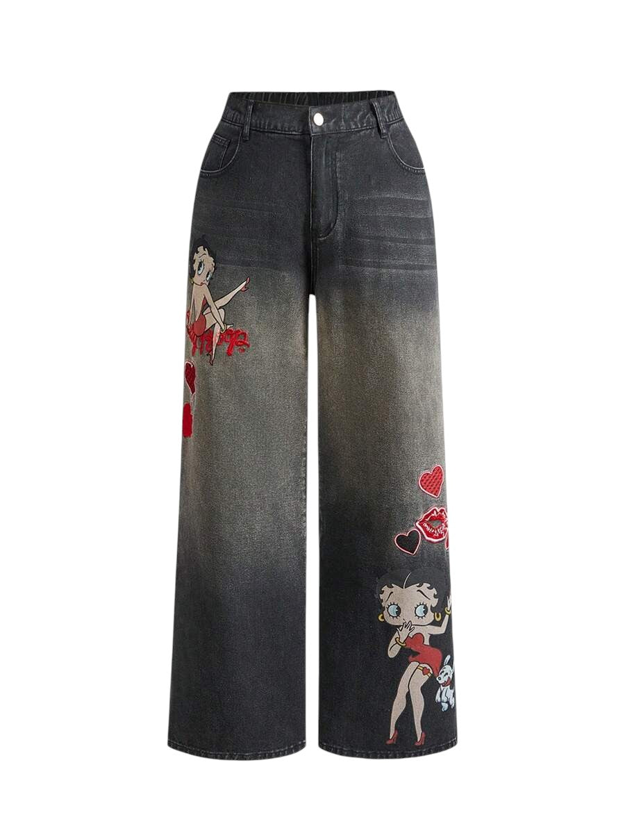 Betty Boop Black Embroidered Distressed Vintage Wash Plus Size Jeans