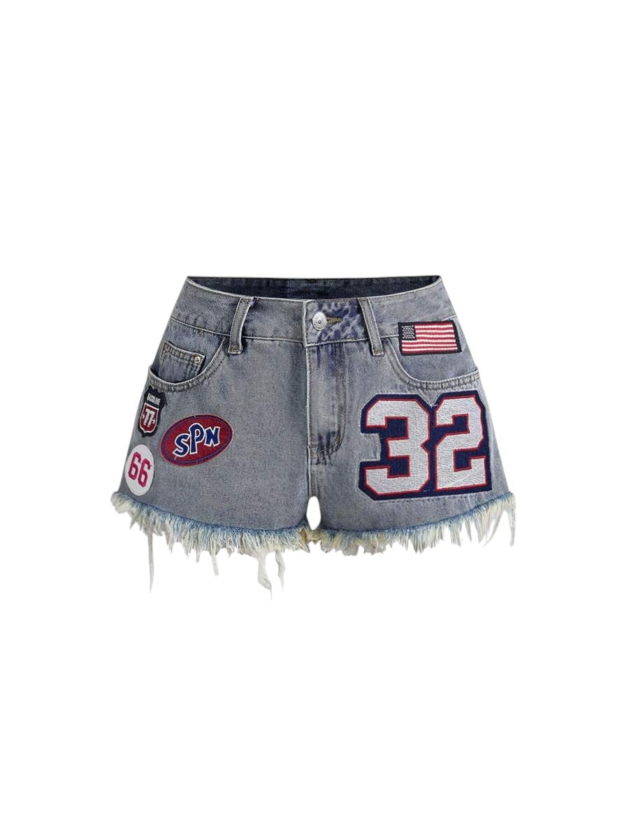 Women's Y2K Deconstructed Low-Rise Denim Shorts with Logo Embroidered Patch