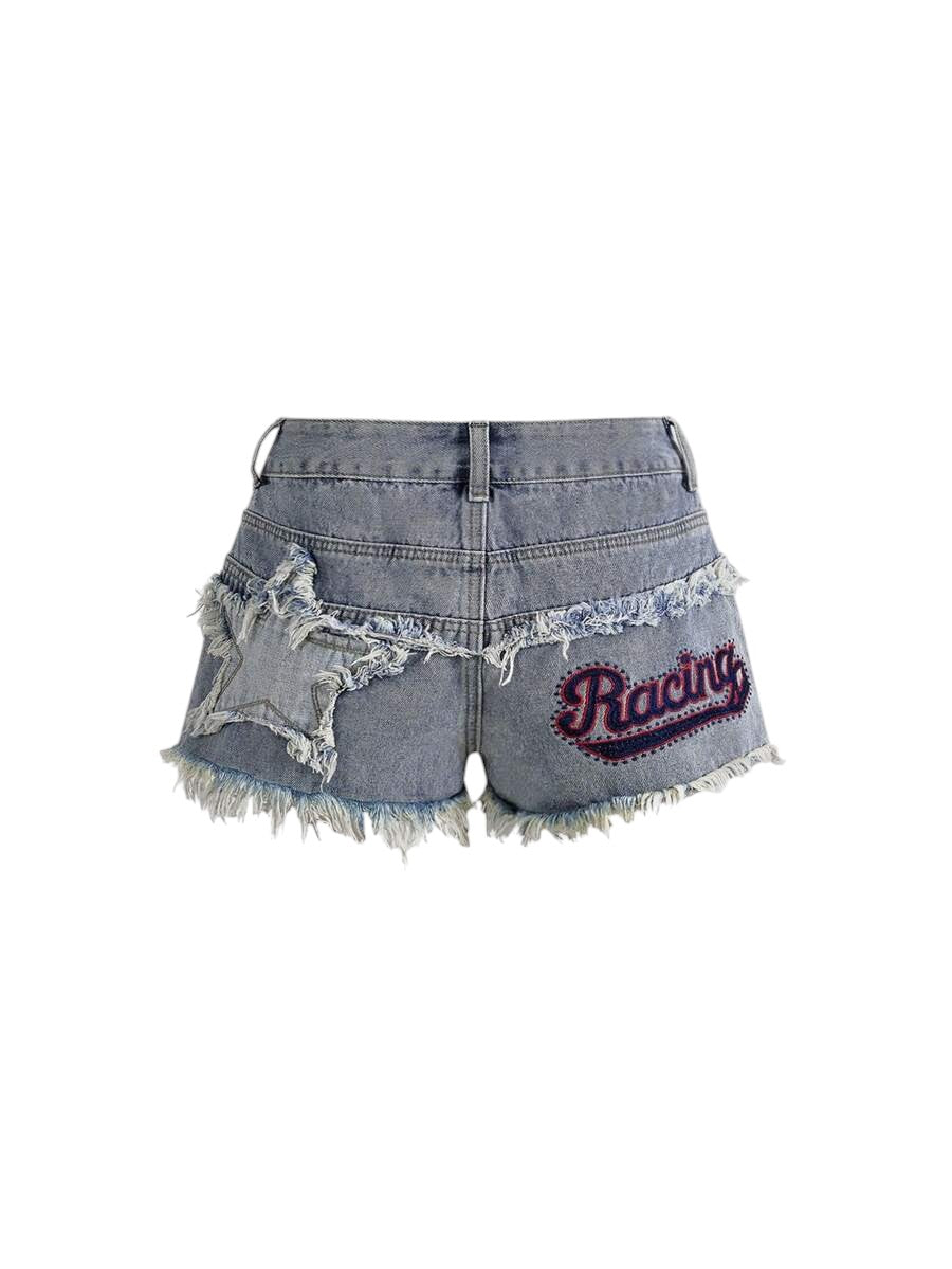 Women's Y2K Deconstructed Low-Rise Denim Shorts with Logo Embroidered Patch