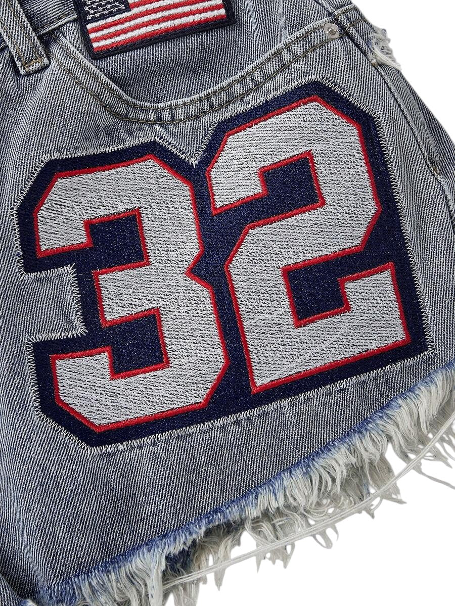 Women's Y2K Deconstructed Low-Rise Denim Shorts with Logo Embroidered Patch