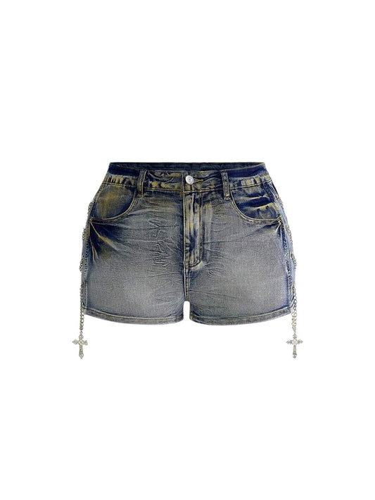 Plus Size Vintage Wash Cross Charm Low-Rise Denim Shorts