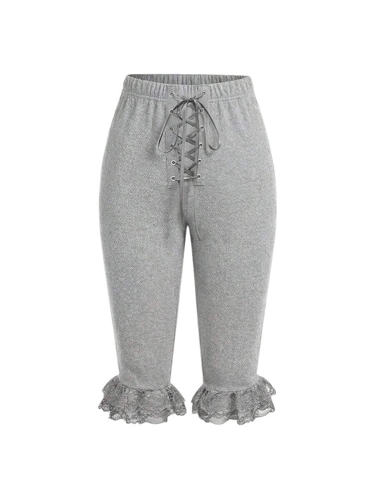 Women's Light Grey Lace Patchwork Tie-Up Capri Pants