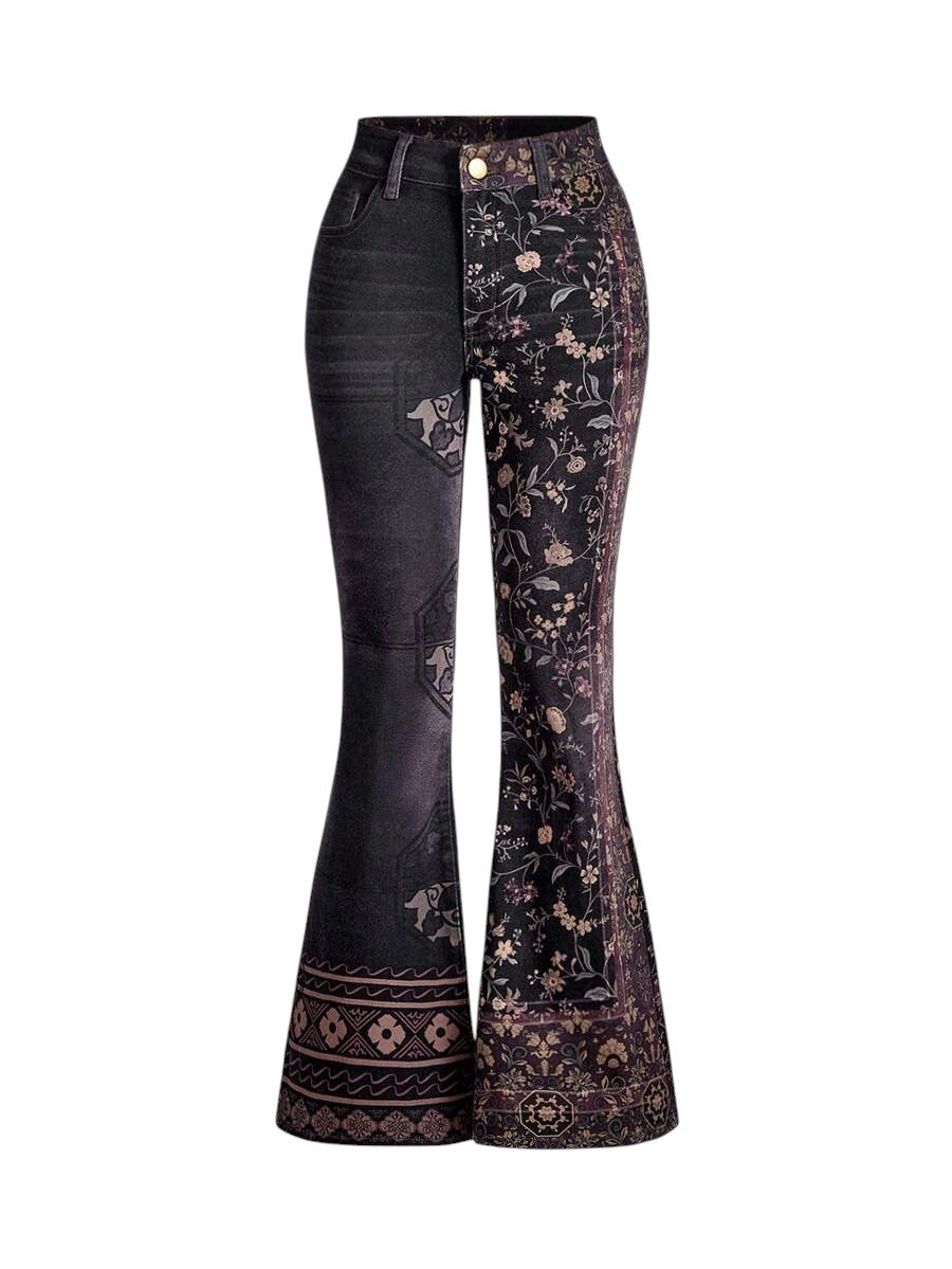 Plus Size Retro Floral Contrast Low Rise Flare Denim Jeans