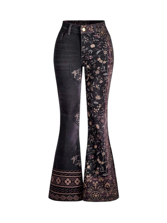 Plus Size Retro Floral Contrast Low Rise Flare Denim Jeans