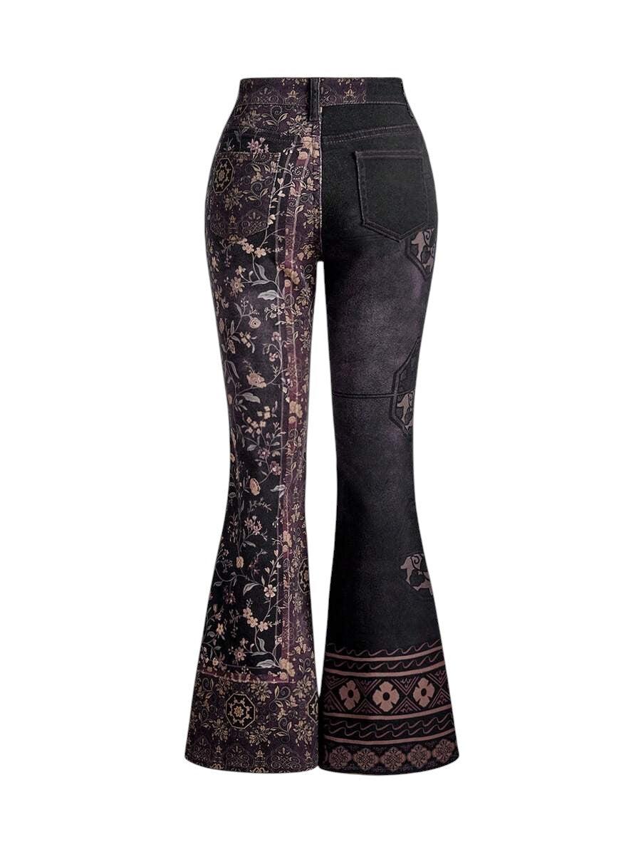 Plus Size Retro Floral Contrast Low Rise Flare Denim Jeans