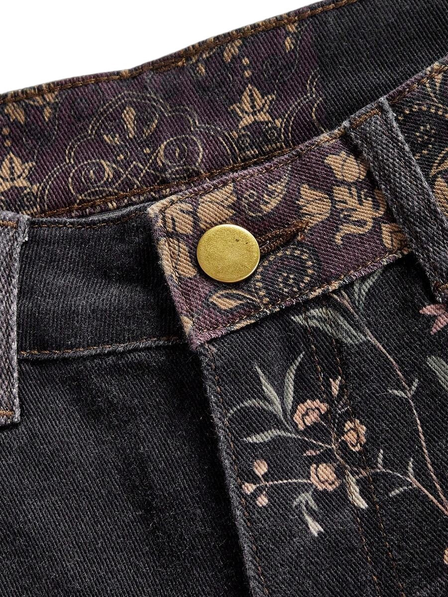 Plus Size Retro Floral Contrast Low Rise Flare Denim Jeans