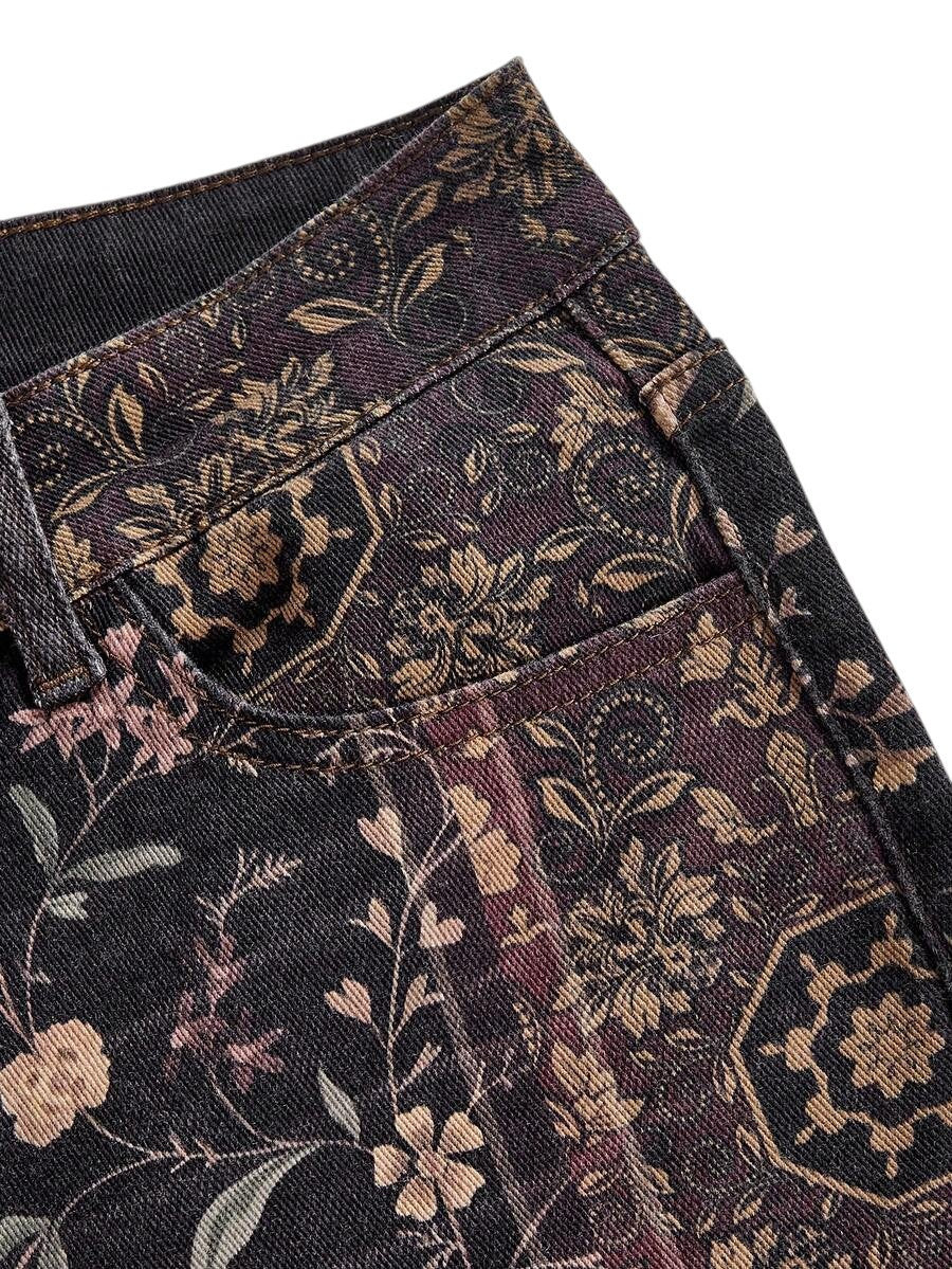 Plus Size Retro Floral Contrast Low Rise Flare Denim Jeans