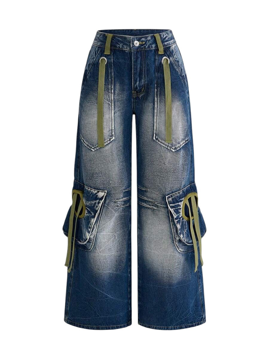 Retro Y2K Cargo Pocket Mid-Length Denim Jeans for Women