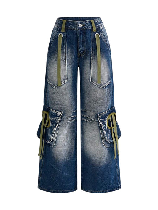 Retro Y2K Cargo Pocket Mid-Length Denim Jeans for Women