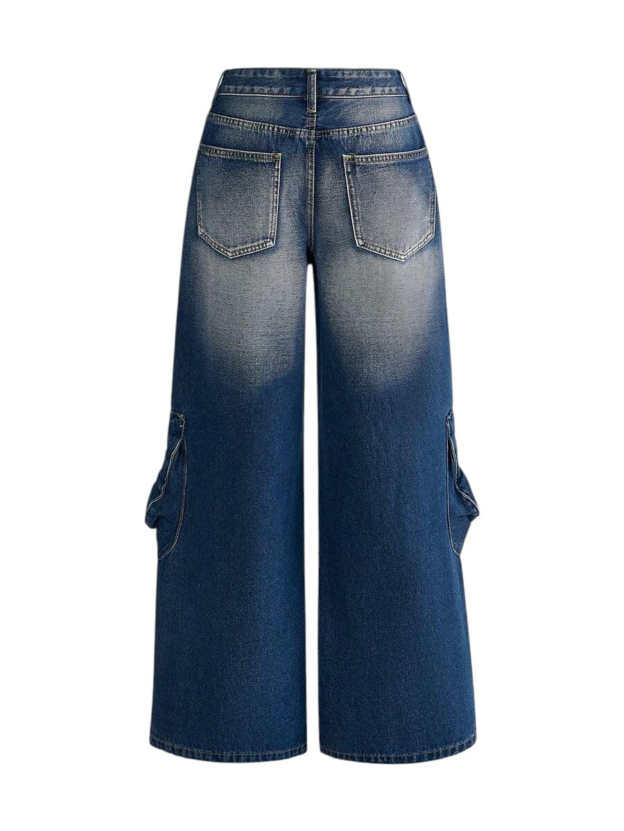 Retro Y2K Cargo Pocket Mid-Length Denim Jeans for Women