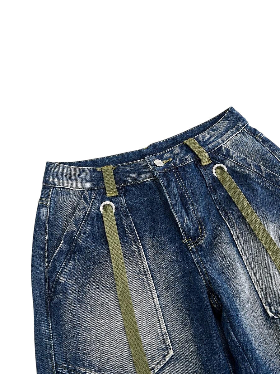 Retro Y2K Cargo Pocket Mid-Length Denim Jeans for Women