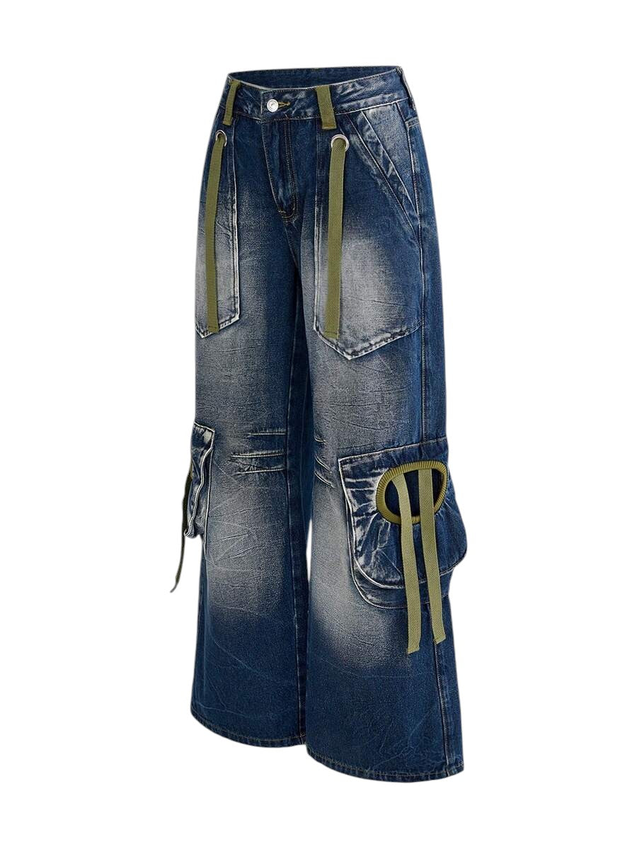 Retro Y2K Cargo Pocket Mid-Length Denim Jeans for Women
