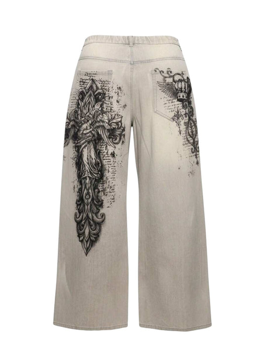 Plus Size Vintage Washed Cross Print Wide Leg Jeans