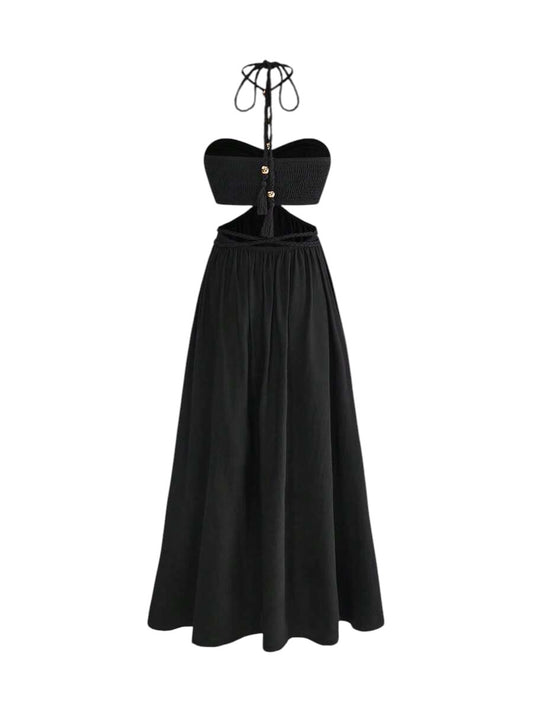 Women's Retro Vacation Braided Decor High Slit Washed Cotton Dress