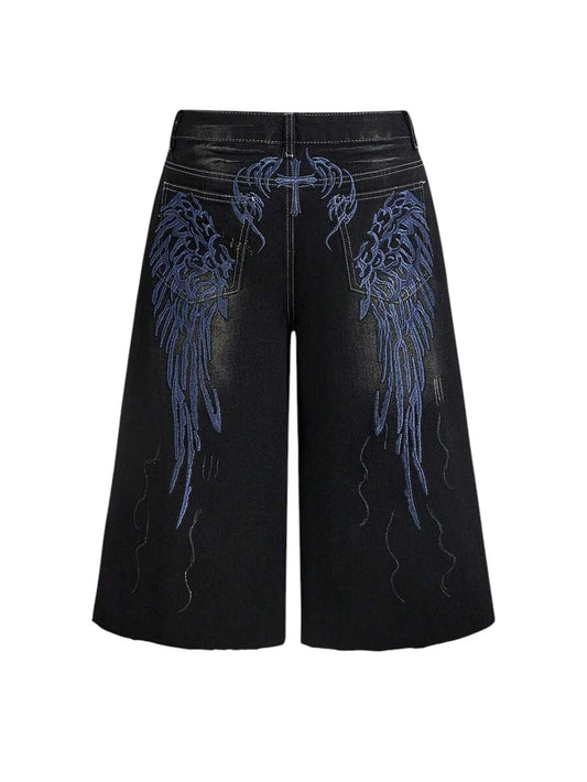 Black Y2K Wing Print Vintage Wash Low Rise Denim Shorts