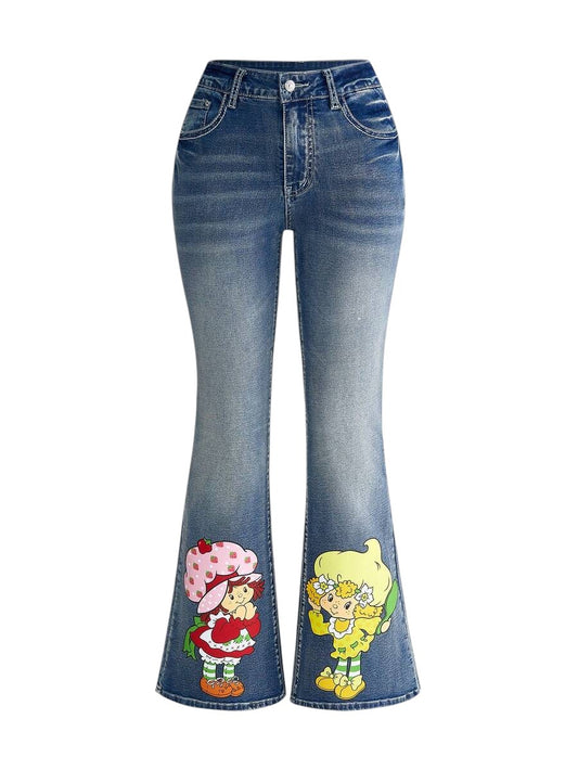 Blue Cartoon Character Print Wide Leg Flare Denim Jeans