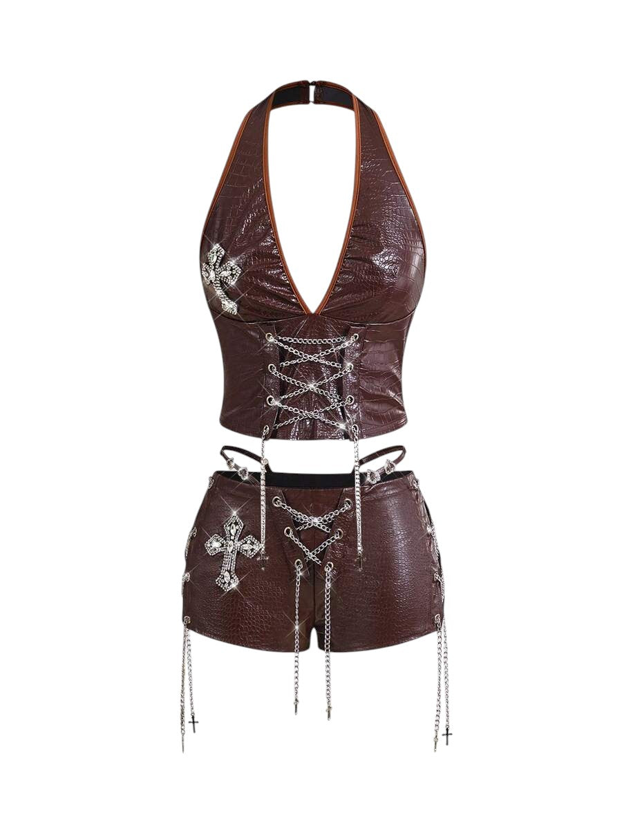 Retro Gyaru Brown PU Halter Tank Top & Low Rise Bodycon Shorts Set