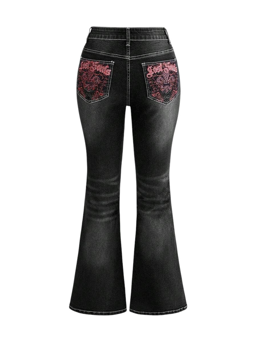 Black Leopard Print Embroidered Grunge Denim Jeans for Women