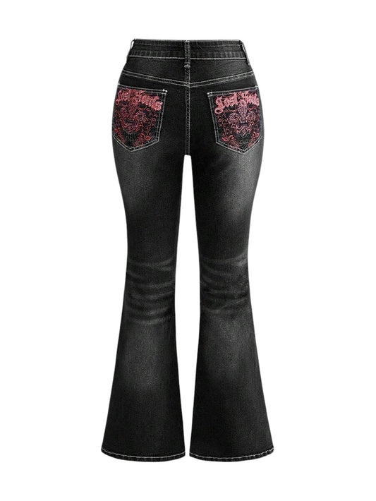 Black Leopard Print Embroidered Grunge Denim Jeans for Women