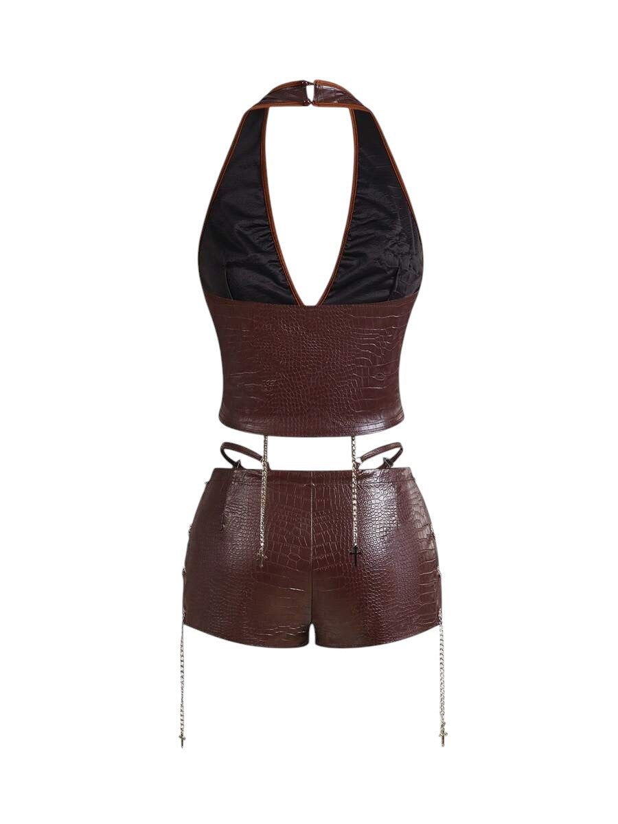 Retro Gyaru Brown PU Halter Tank Top & Low Rise Bodycon Shorts Set