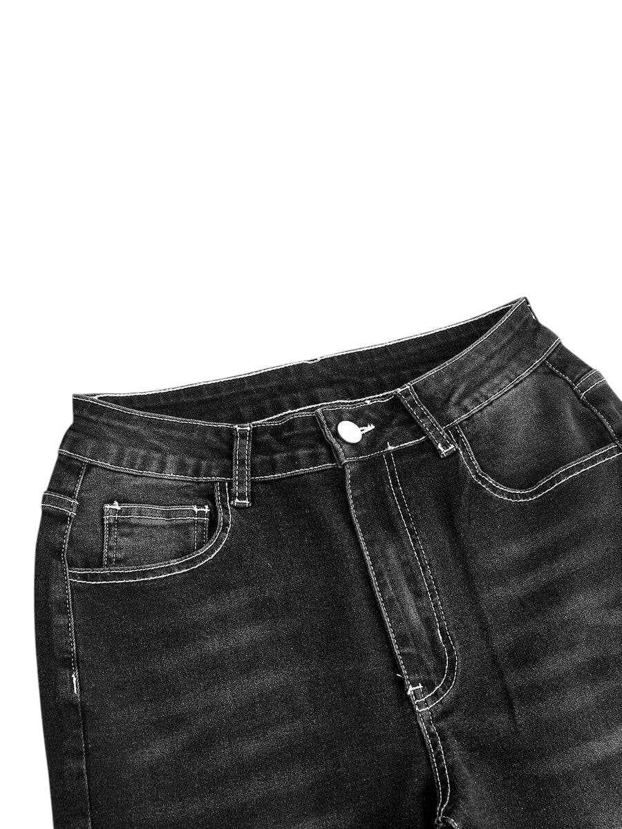 Black Leopard Print Embroidered Grunge Denim Jeans for Women