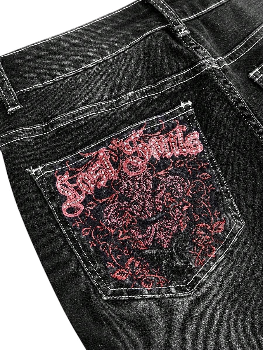 Black Leopard Print Embroidered Grunge Denim Jeans for Women