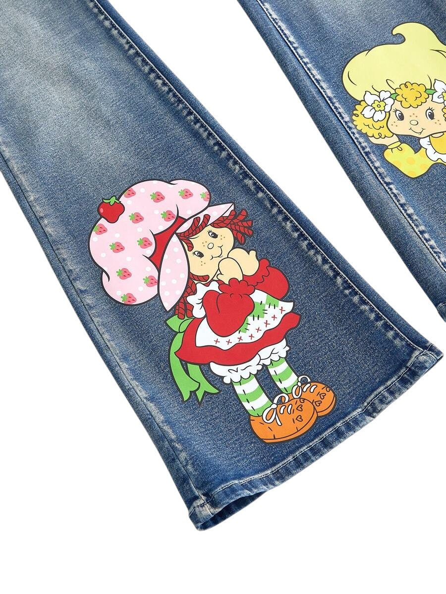Blue Cartoon Character Print Wide Leg Flare Denim Jeans