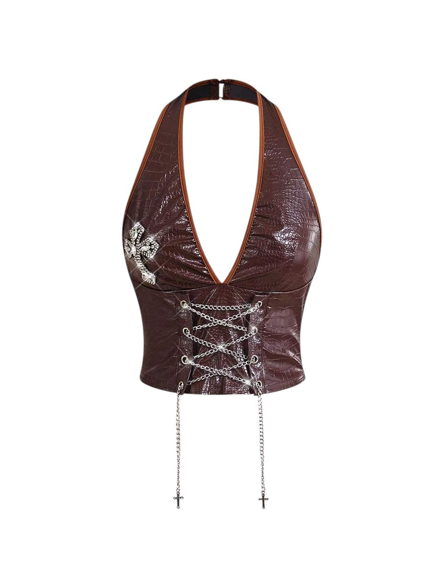 Retro Gyaru Brown PU Halter Tank Top & Low Rise Bodycon Shorts Set