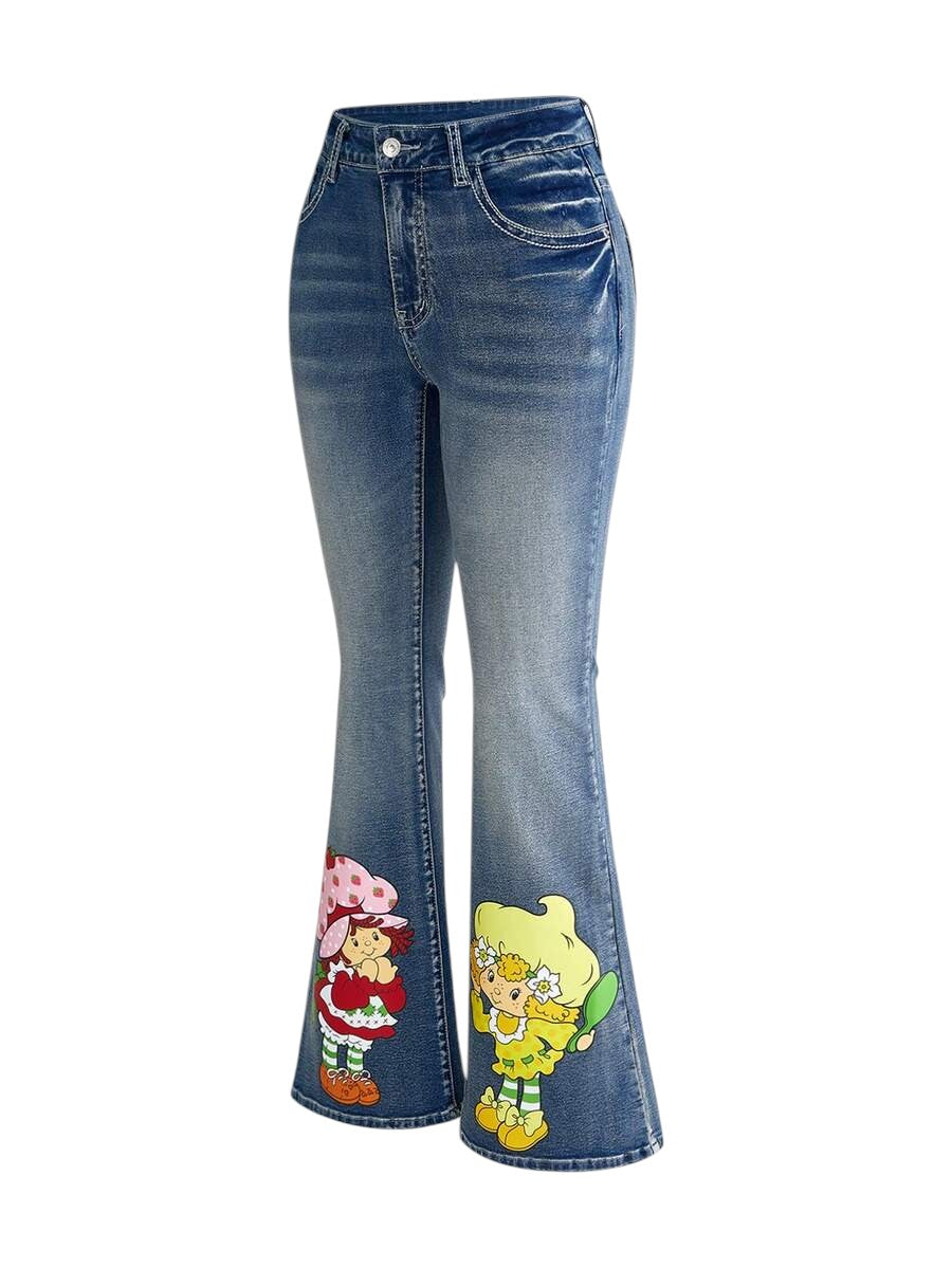 Blue Cartoon Character Print Wide Leg Flare Denim Jeans