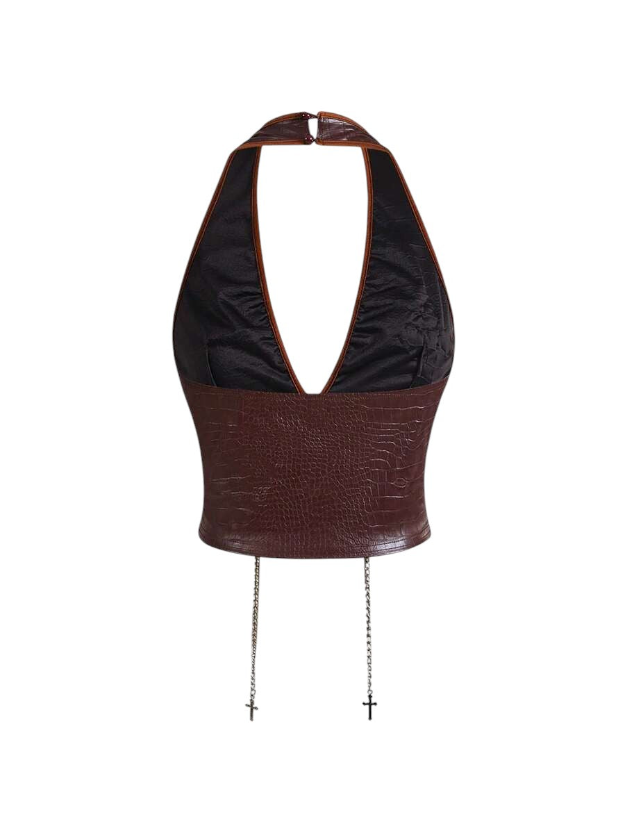 Retro Gyaru Brown PU Halter Tank Top & Low Rise Bodycon Shorts Set