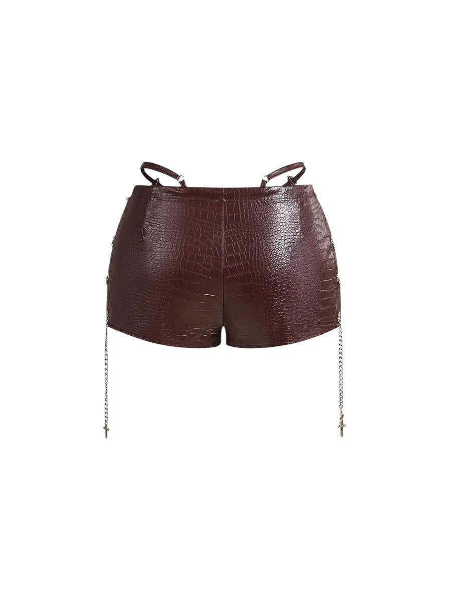 Retro Gyaru Brown PU Halter Tank Top & Low Rise Bodycon Shorts Set