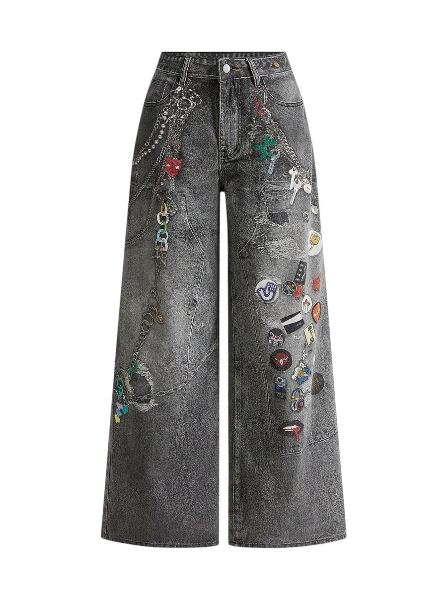 Black Distressed Chain Badge Wide Leg Y2K Denim Jeans
