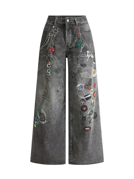 Black Distressed Chain Badge Wide Leg Y2K Denim Jeans