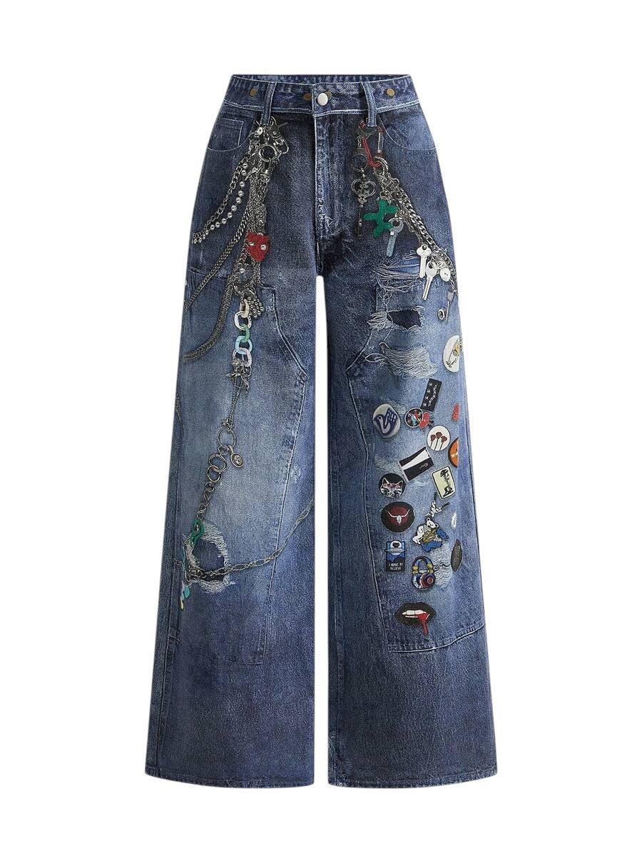 Dark Wash Distressed Chain Badge Wide Leg Y2K Denim Jeans