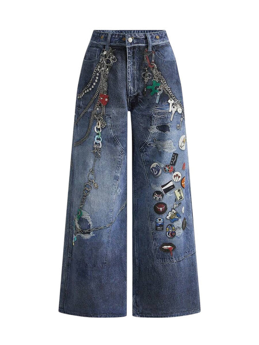 Dark Wash Distressed Chain Badge Wide Leg Y2K Denim Jeans