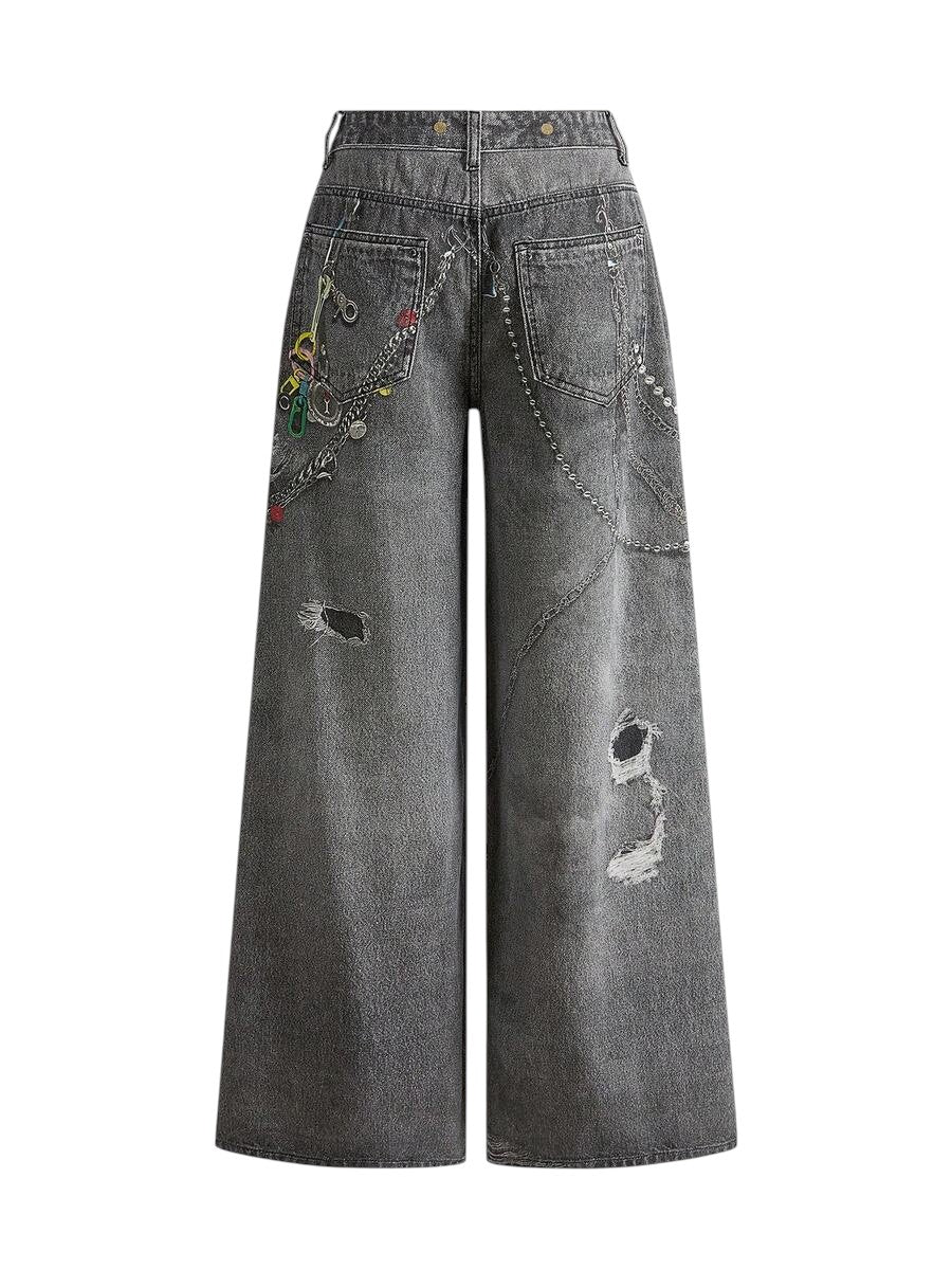 Black Distressed Chain Badge Wide Leg Y2K Denim Jeans