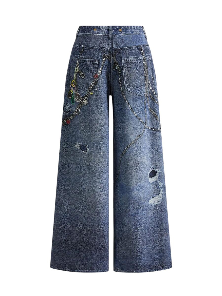 Dark Wash Distressed Chain Badge Wide Leg Y2K Denim Jeans