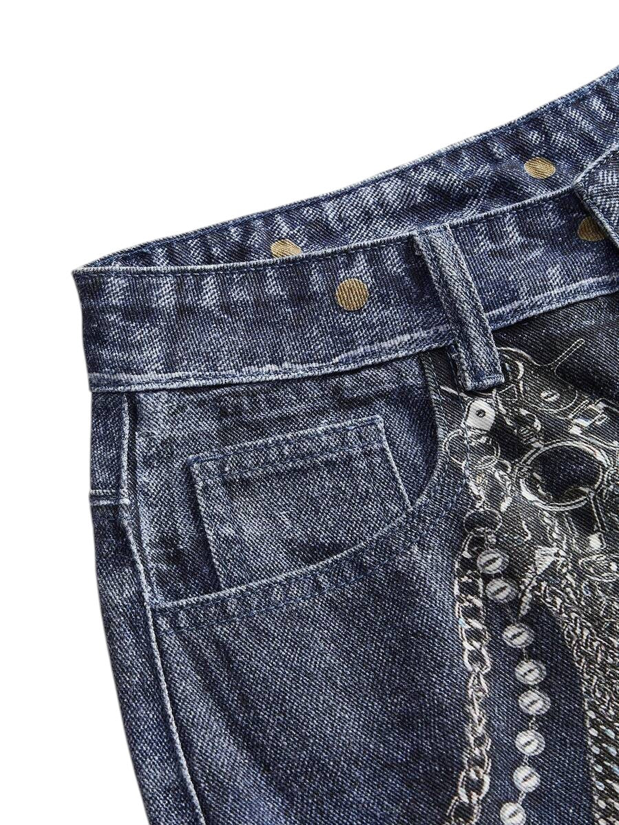 Dark Wash Distressed Chain Badge Wide Leg Y2K Denim Jeans