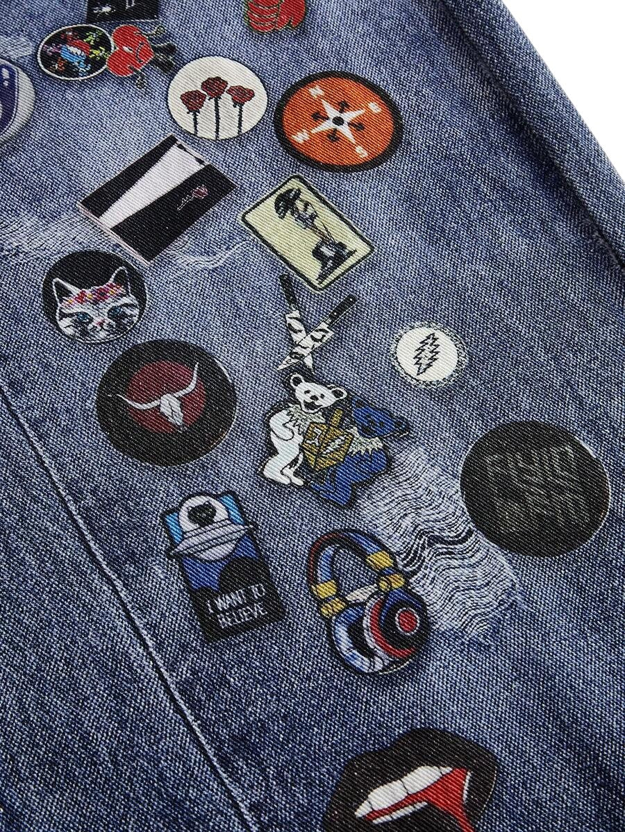 Dark Wash Distressed Chain Badge Wide Leg Y2K Denim Jeans