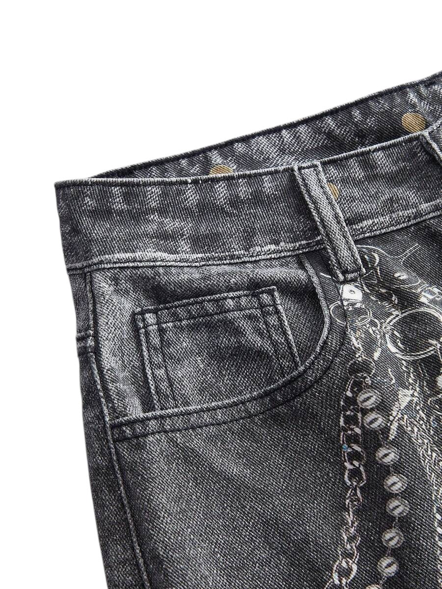 Black Distressed Chain Badge Wide Leg Y2K Denim Jeans