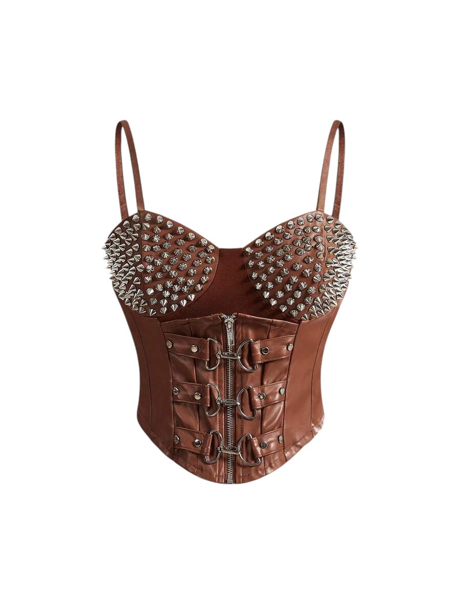 Punk Rivet Patchwork Brown PU Leather Vest