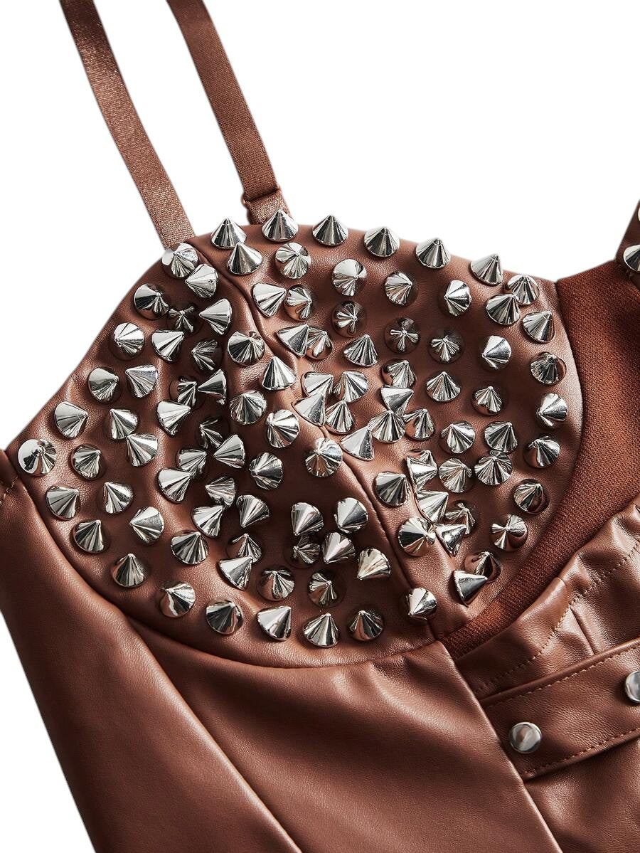 Punk Rivet Patchwork Brown PU Leather Vest
