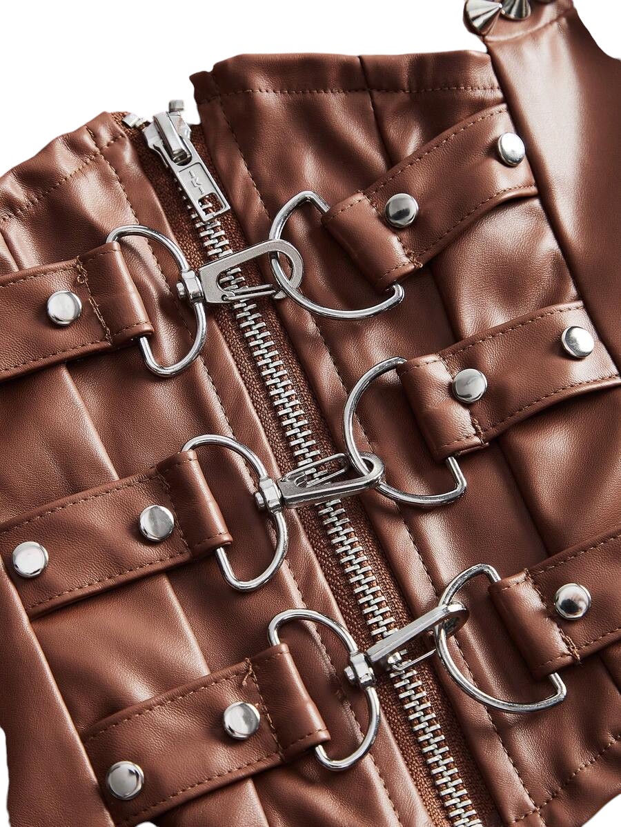 Punk Rivet Patchwork Brown PU Leather Vest