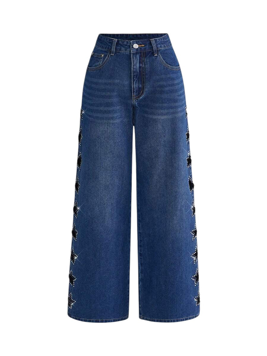 Y2K Star Cutout Rhinestone Distressed Blue Denim Jeans